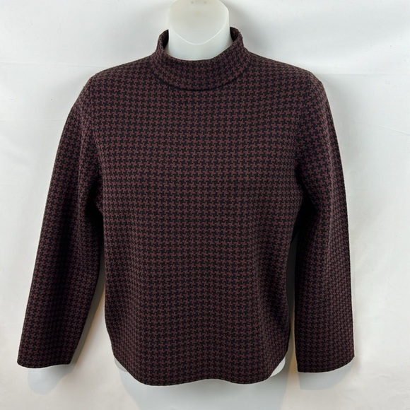 Theory Harmona Houndstooth Printed‎ Burgundy Wool Mock Neck Top Sweater Size S - Picture 4 of 12